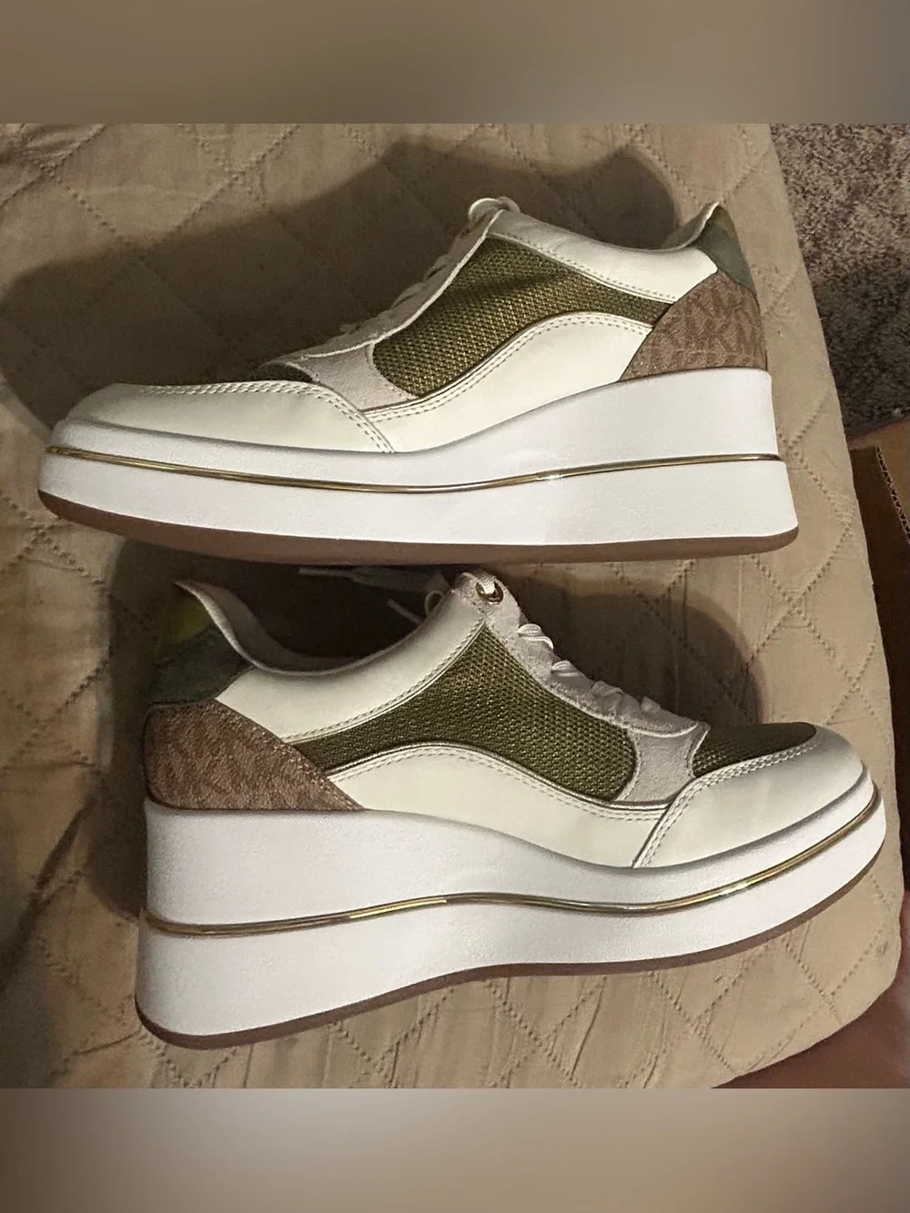 Michael Kors Emmy Mixed Media Wedge Trainer Sneaker Husk Olive Gold 9.5